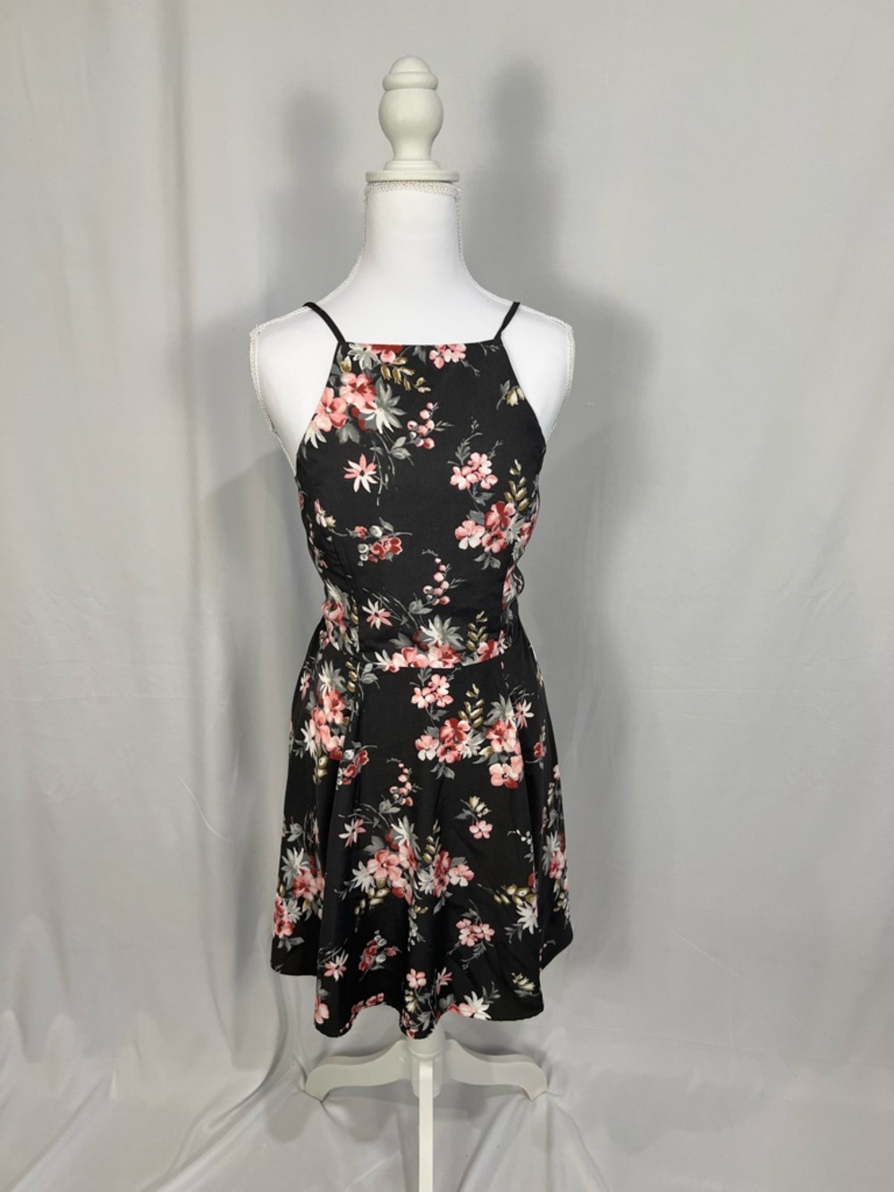 Abercrombie & Fitch Black Floral Halter Mini Dress with Pink Blossoms Women’s S